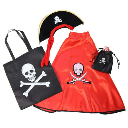 Kids Red Pirate Skull Dress Up Costume Accessory Set, Includes red pirate cape, pirate hat, pirate treat tote bag and pirate unfilled favor bag By Making Believe Ship from