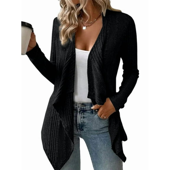 Women'S Draped Open Front Light-Weight Cardigan Tops Casual Long Sleeve Knit Outerwear Black L