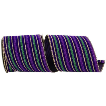 Reliant Ribbon - 93034W-001-10F, Velvet Stripe Mardi Gras Wired Edge Ribbon, Multi, 4 Inch, 10 Yards