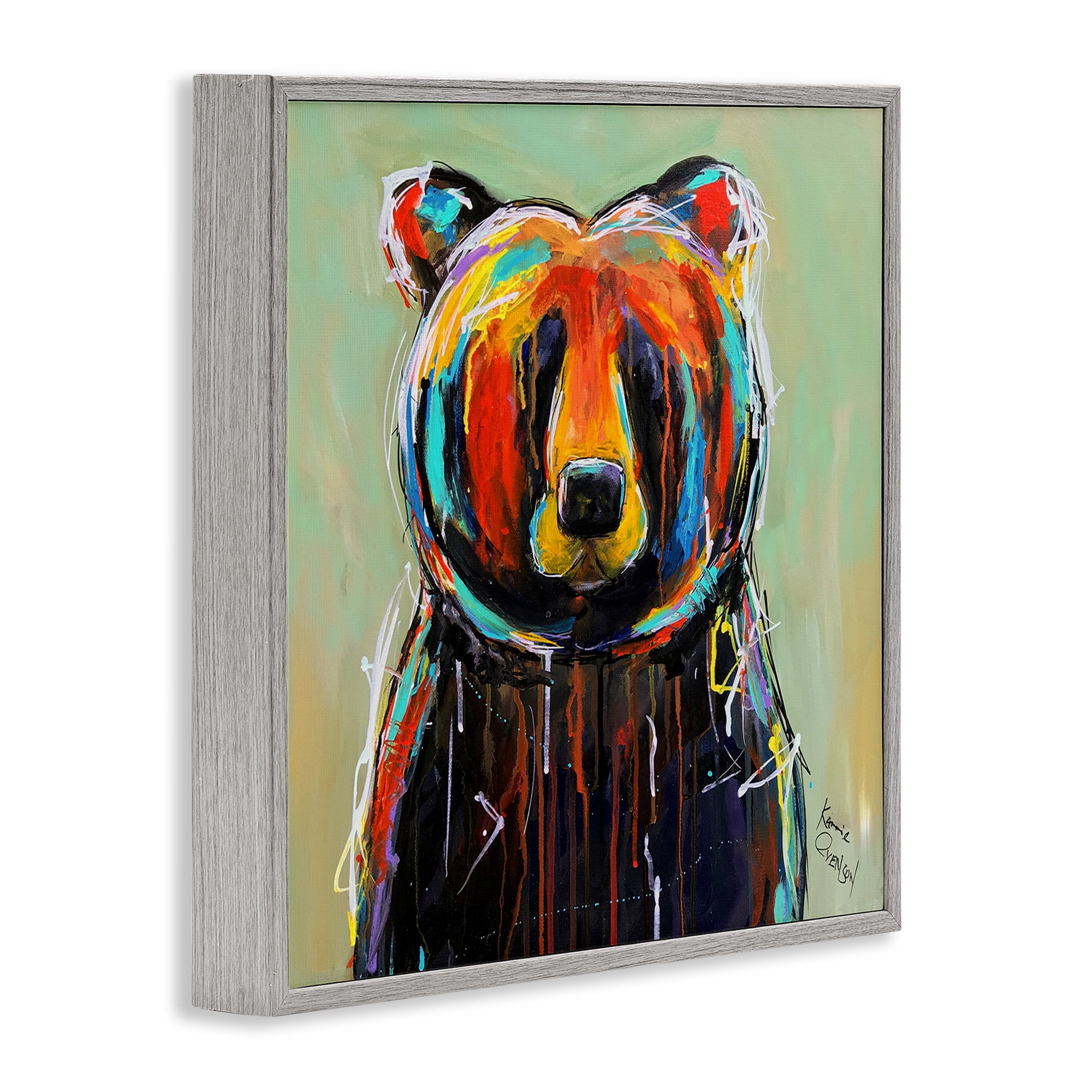 Stupell Industries Abstract Colorful Painted Black Bear Animals & Insects Painting Gray Framed Art Print Wall Art, 12 x 12