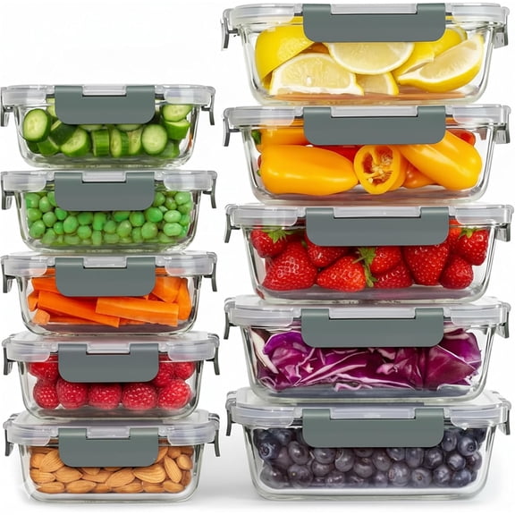 TYKOON 10 Pack Glass Meal Prep Containers with Snap Locking Lids, Airtight Leakproof Bento Boxes for Lunch Freezer Microwave and Dishwasher Safe, Includes 5x36oz and 5x12oz