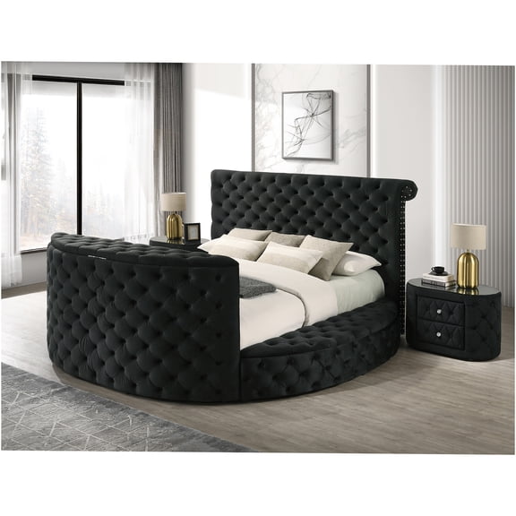 JERFIT Queen Bed with Electric Fireplace and TV Lift, Black Velvet Upholstered Platform Bed Set with Nightstands, Modern Tufted Headboard, Footboard Storage