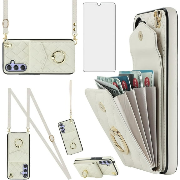 MYKOMI Phone Case for Samsung Galaxy A14/M14 5G Wallet Cover with HD Screen Protector and Crossbody Wrist Strap Ring RFID Blocking Card Holder Leather Cell A 14 4G 14A 14M G5 Women Off White