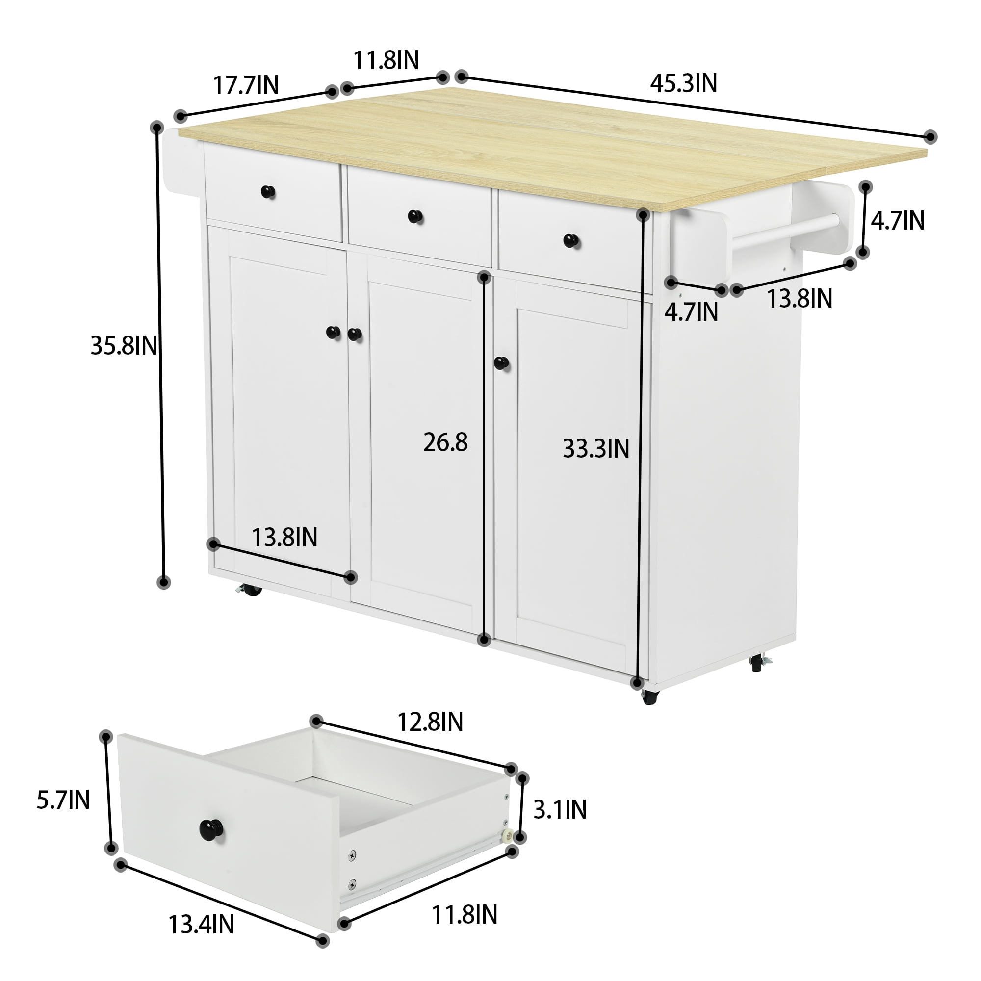 Mobile Kitchen Island Cart with Folding Drop Leaf, Light Oak Top Rolling Storage Cabinet with Drawers, Lockable Wheels & Towel Rack for Kitchen