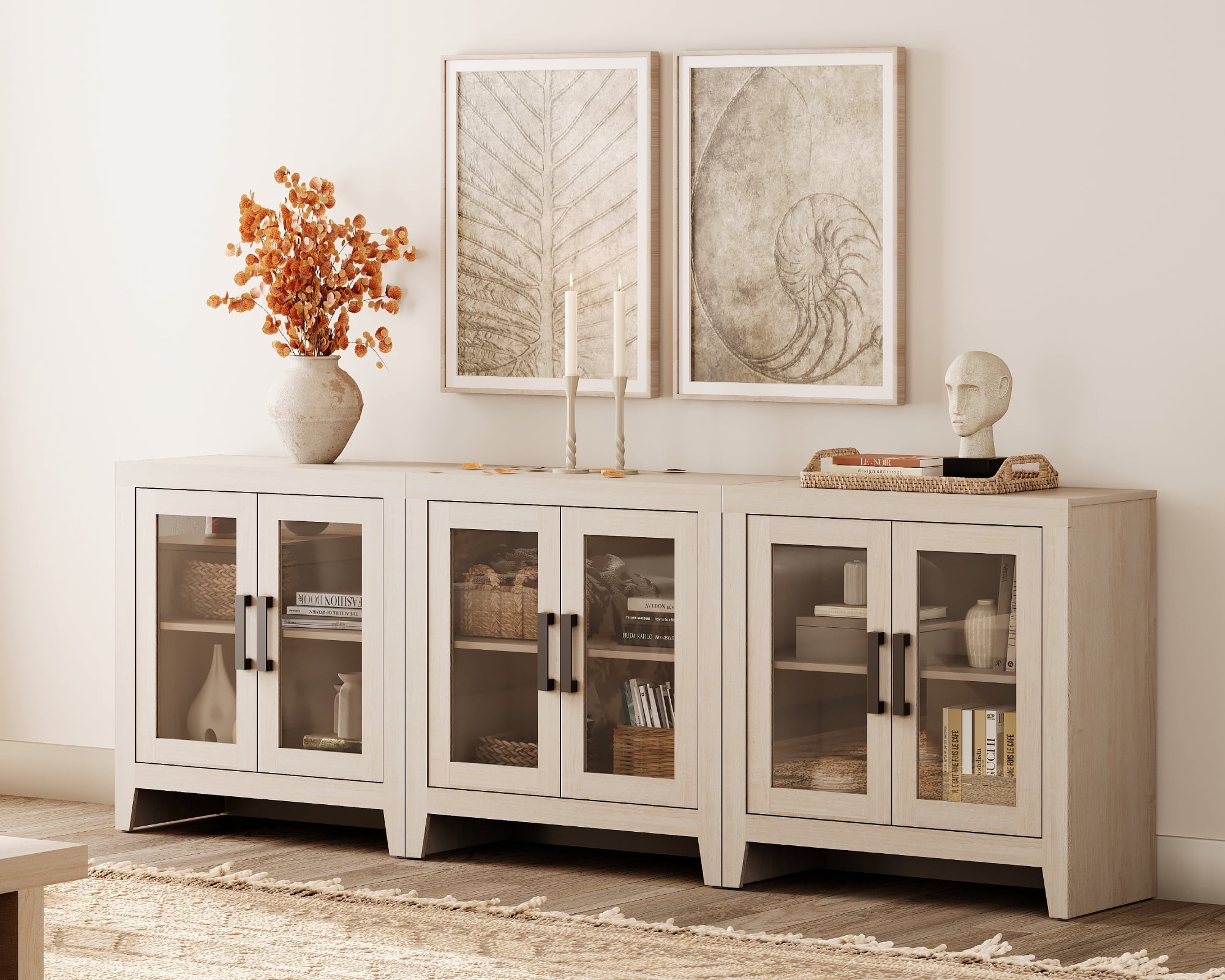 WAMPAT Modern Farmhouse TV Stand up to 100"TV, Entertainment Center with Tempered Glass Doors & Adjustable Shelves, Beige