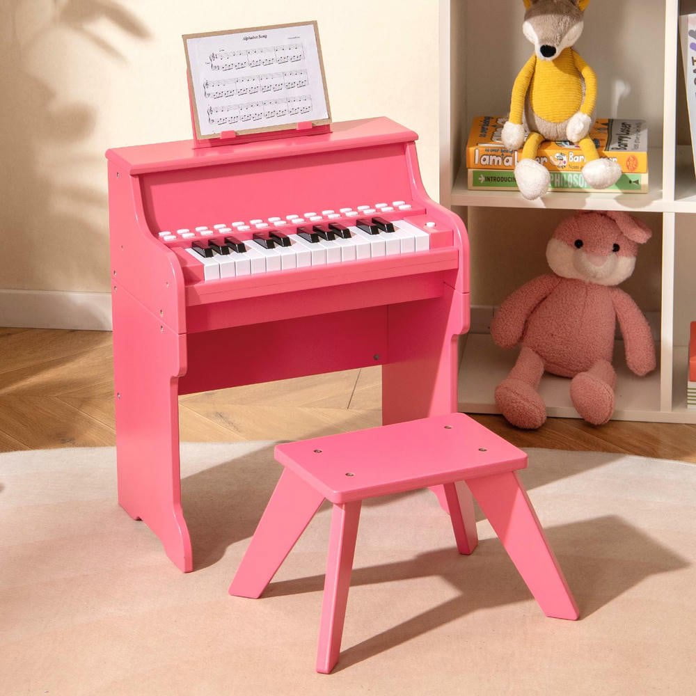 Resenkos 25-Key Wooden Toy Digital Piano with Stool & Volume Control - Pink