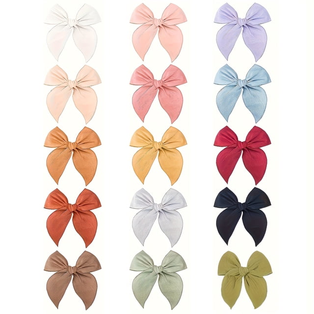 QJUHUNG 15pcs Simple Solid Color Bow Hairpins Set Boho Sweet Fabric Large Bowknot Duckbill Clips Handmade Hair Accessories