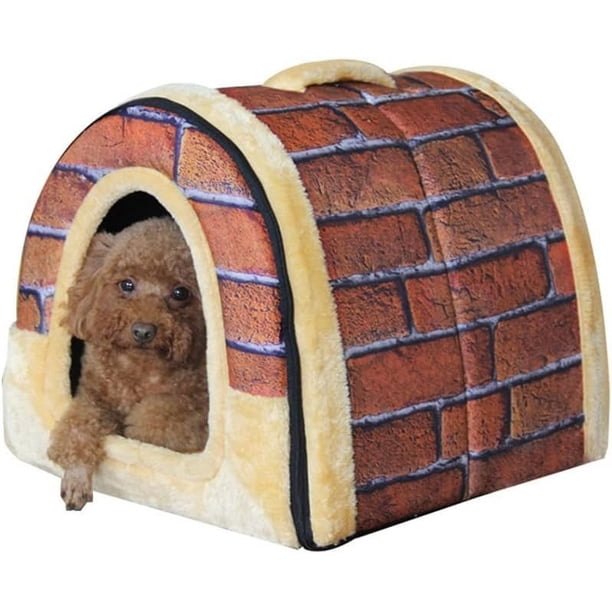 Cueva lavable para perros grandes, superficie de lona y alfombra de terciopelo cálido para camas para mascotas de 3 a 33 libras (ladrillo vintage, XL)