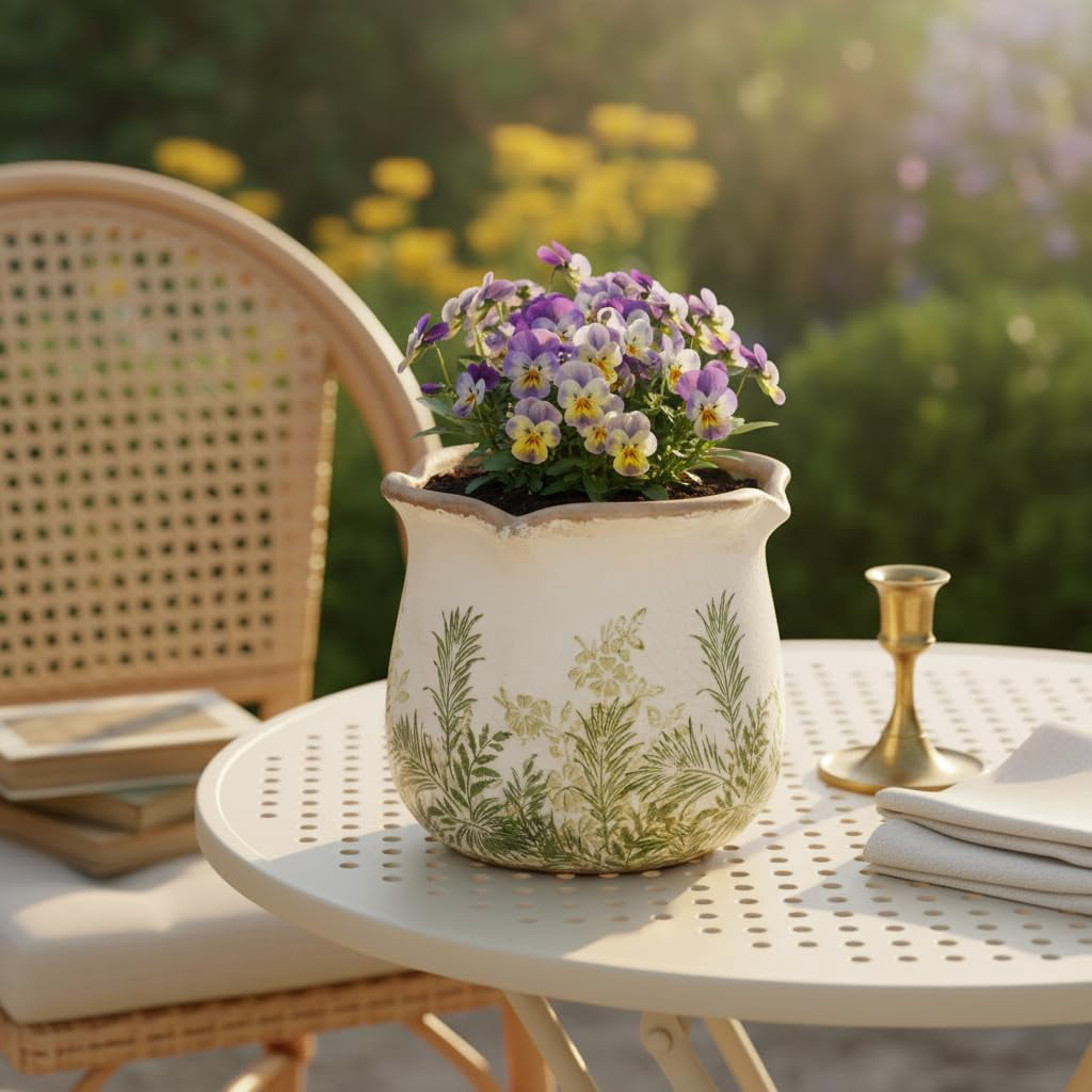 Ceramic Pots for Plants, Vintage Plant Pot with Drainage Hole, 6.11in. Planter for Indoor Plants, Crackle Glaze Finish Flower Pot, Perfect Ceramic Planter for Gardening, Red Blooms
