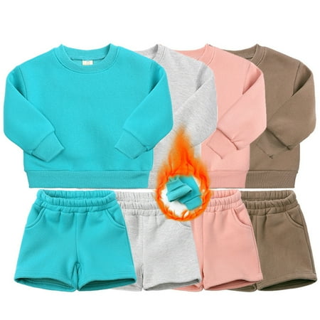 

WOLLED 2PCS Baby Toddler Winter Sweatshirt Shorts Set for Girls Boys Casual Long Sleeve Crewneck Loose Sweatshirt and Athletic Shorts Kids Thicken Fleece Tracksuits Outfits for 1-14T