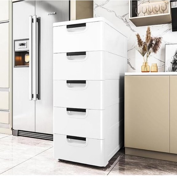Plastic 5 Drawers Storage Cabinet with Wheels, Stackable Floor Standing Storage Tower Tall Dresser Chest Closet Organizer Unit White for Home Office