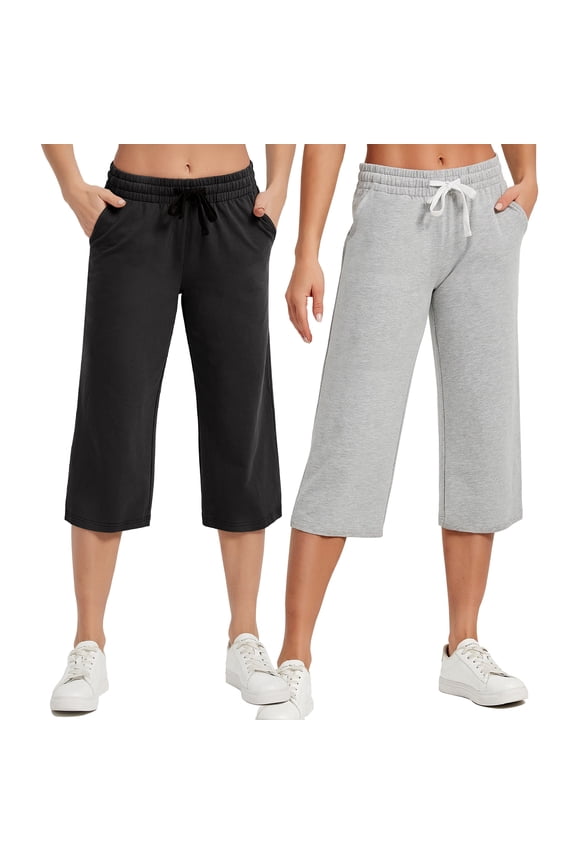 2-Pack SPECIAL MAGIC Women's Capri Pants Wide Leg Cotton Yoga Sweatpants with Pockets Casual Lounge Jogger Pants