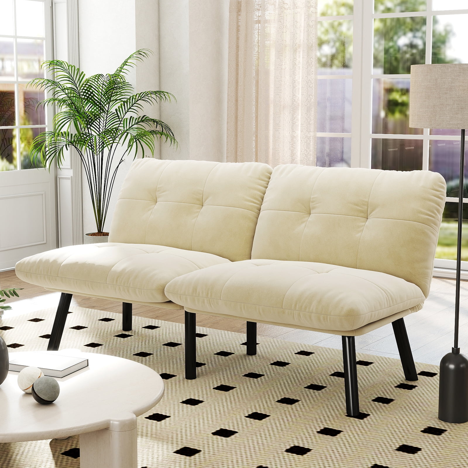 Gewnee Modern Folding Sofa Bed,Velvet Cushions Loveset,Adjustable Backrest,Suitable for Small Apartment.Cream