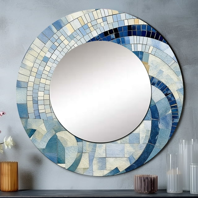 Designart "Constructing Blue Realms in Blue and Gold IV" Abstract Shapes Rund Mirror For Wall Decor - Large Blue Round Printed Mirror - Coastal Round Mirror 23" x 23" Inch