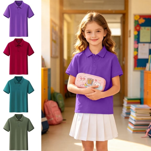 Kid Polo Shirts School Uniform Relaxed Fit Back To School Short Sleeve Button Down Shirts Comfort Solid Color Pullover for Boys & Girls Purple 8-9 Years