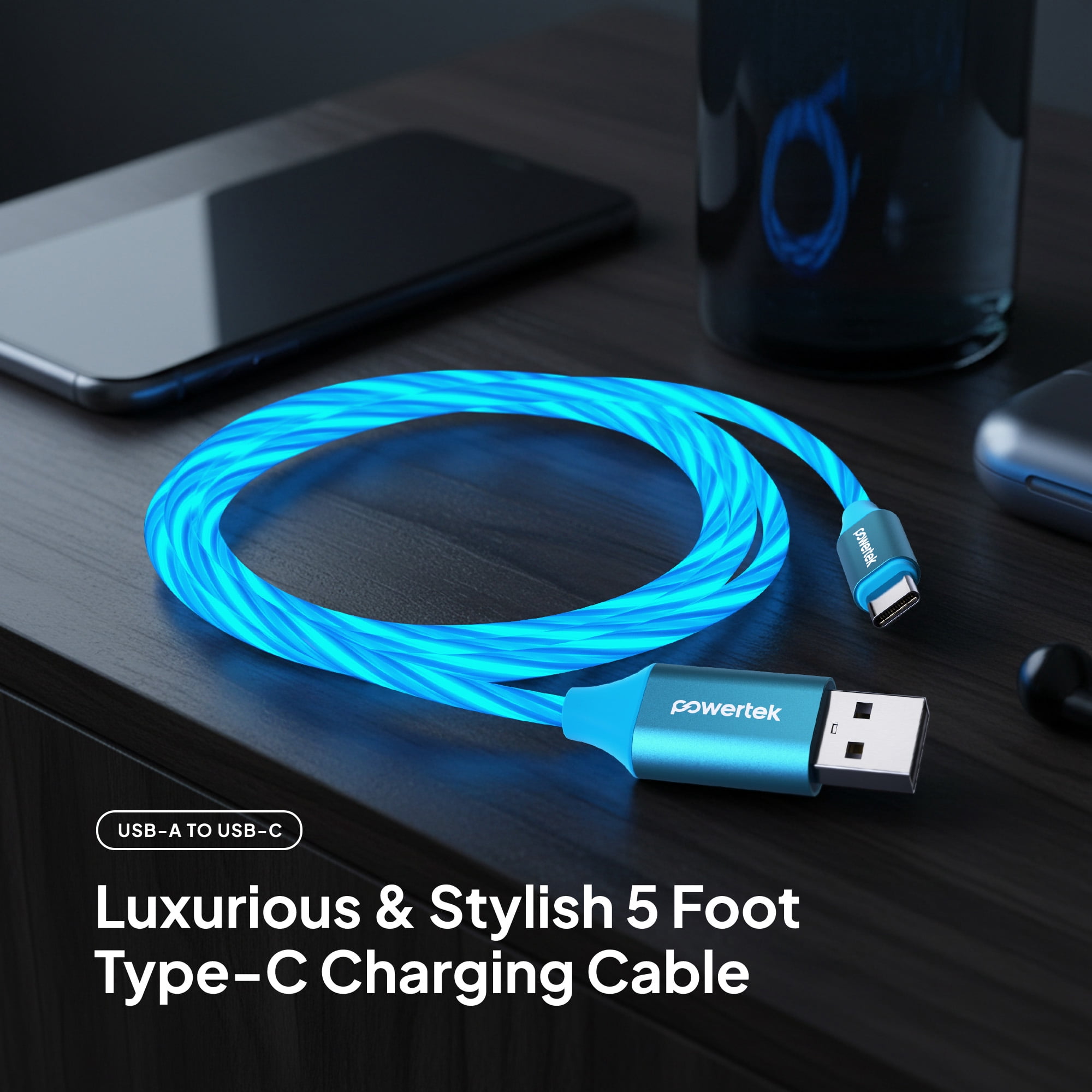 Powertek Light-Up USB-A to USB-C Charging Cable, 5 ft, Blue