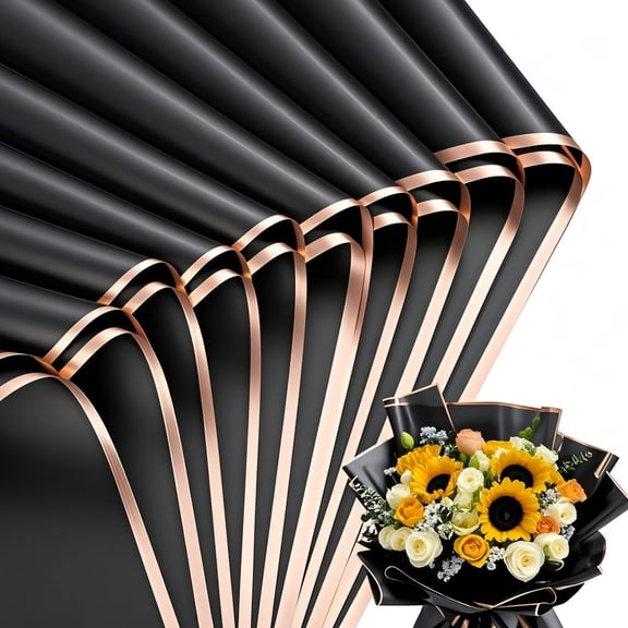 MIARONIN 20 Sheets Flower Wrapping Paper, Waterproof Floral Bouquet Wrapping Paper for DIY Crafts, Gift Packaging, Flower Shop Bouquet Packaging, 22x22 Inch Each Wrapping Paper(Black,Rose Gold)