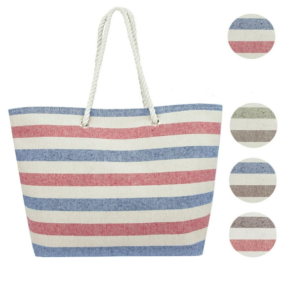 Swan Comfort Striped Canvas Beach Bag - Inside Lining, Inner Pocket, Top Handle - Eco Friendly ( Blue - Red )