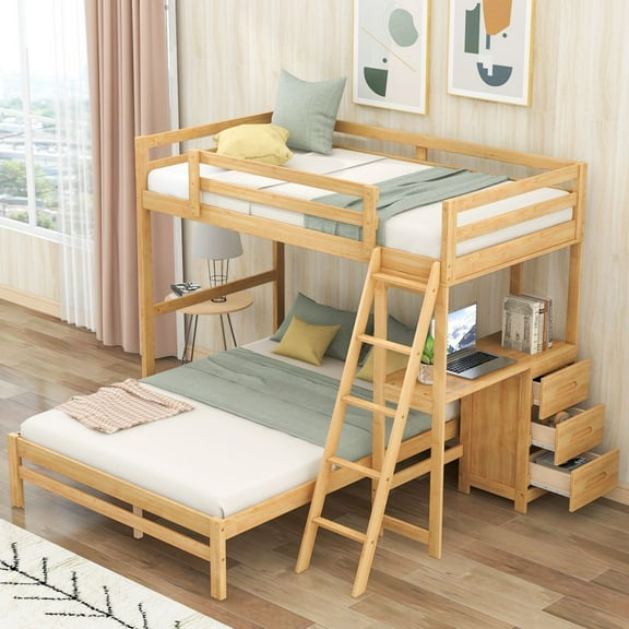 Abrihome Twin over Full Bunk Bed with Built-in Desk and Three Drawers,Natural