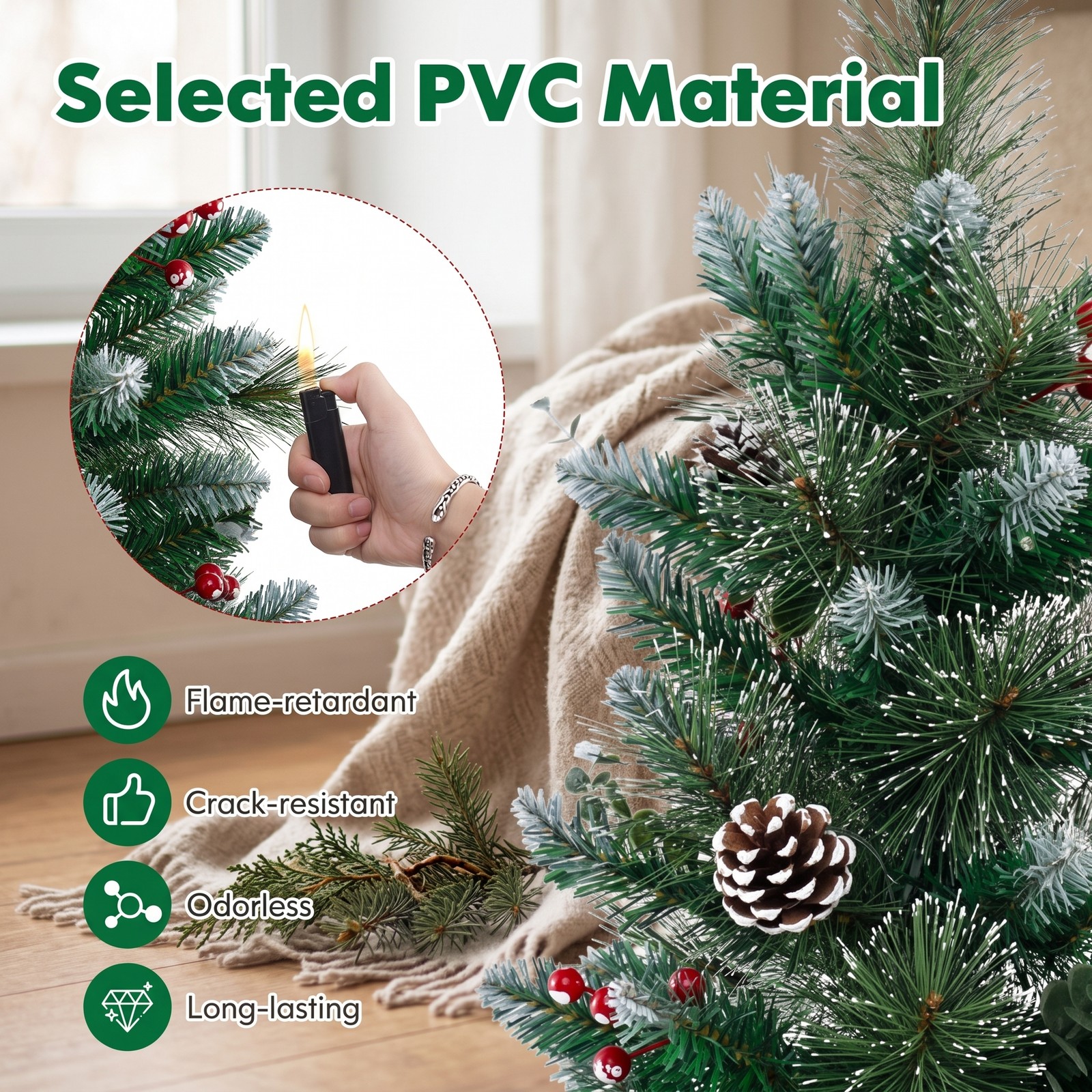 RUIE 3 FT Battery-Operated Tabletop Christmas Tree, Pre-Lit Artificial Mini Xmas Tree with 20 Warm White LED Lights, 81 Branch Tips, Red Berries & Pine, Green & White