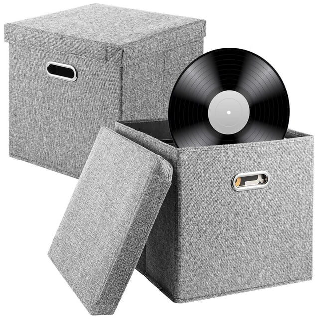 2 PCS Vinyl Record Storage Boxes, 13 x 13 x 13 Inches Vinyl Record Storage Organizers for 50 Albums, Records Crate, LP Album Storage Holders, Fabric Storage Boxes with Lids for Moving
