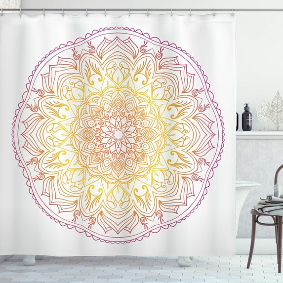 Rainbow Mandala Shower Curtain, Traditional Colorful Middle Eastern Design with Ombre Effect, Fabric Bathroom Set with Hooks, 69W X 84L Inches Extra Long, Violet Orange and Yellow, by Ambesonne