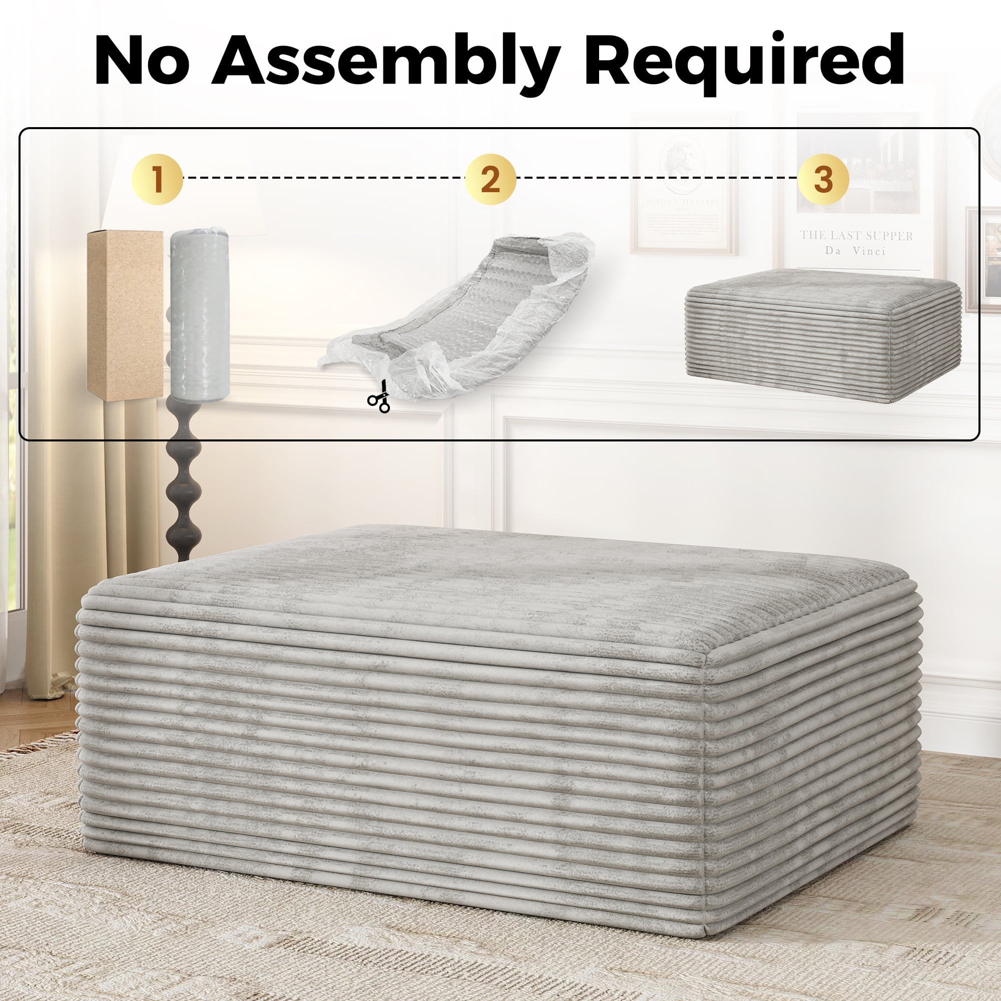 Large Oversized Ottoman Bench for Living Room, Extra Seating & Coffee Table for Sofa, Plush Corduroy Pouf Footrest, No Assembly Needed, Rectangle Floor Ottoman, (Oyster White)