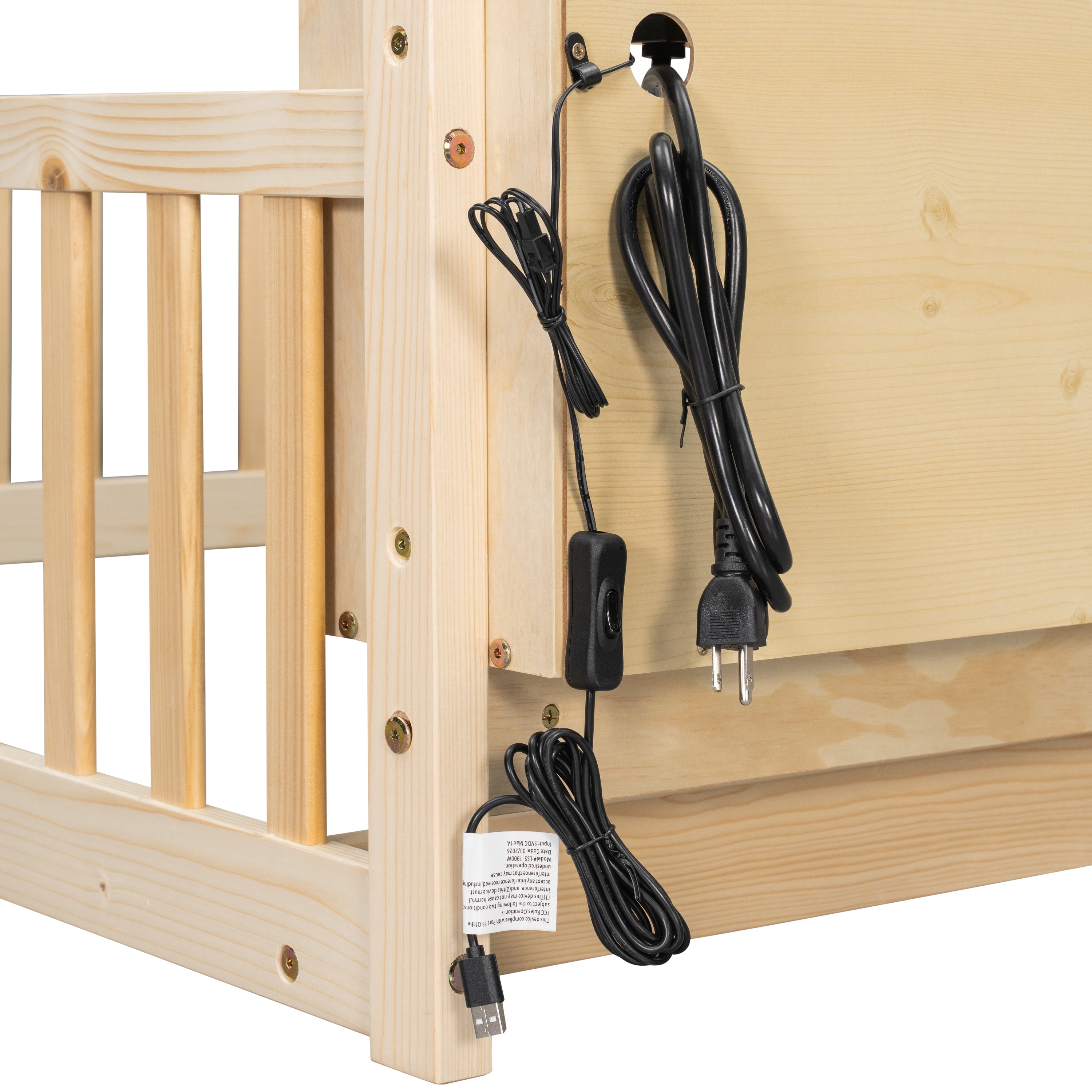 Floor Bed with House Design and Storage Shelves, Twin Pine Wood Platform Bed and Charging Station Bed Frame with LED Lights and Guardrails, Natural