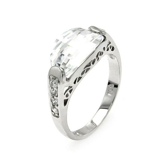 Rhodium Plated Sterling Silver 925 Oval Clear Center Ring Band White CZ Jewelry Female Size 6