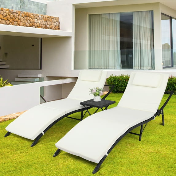 3 Pcs Adjustable Rattan Chaise Lounge Set, S-Shape Folding Pool Lounge Chairs, Portable Wicker Recliners, Outdoor Patio Furniture Lounge Chairs with Folding Table and Removable Cushions, GE027