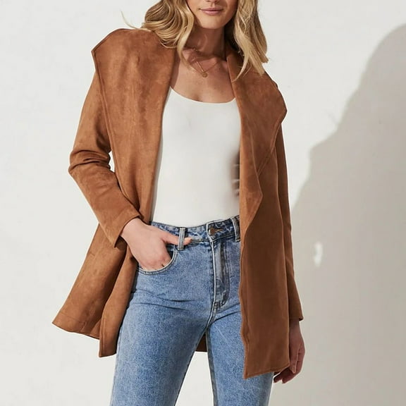 Qetyuw Womens Faux Suede Cardigans Loose Long Sleeve Open Front Cardigan Lapel Lightweight Casual Coat