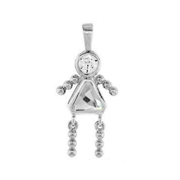 Clear Cubic Zirconia April Birthstone Girl Flat Charm Rhodium Plated Sterling Silver