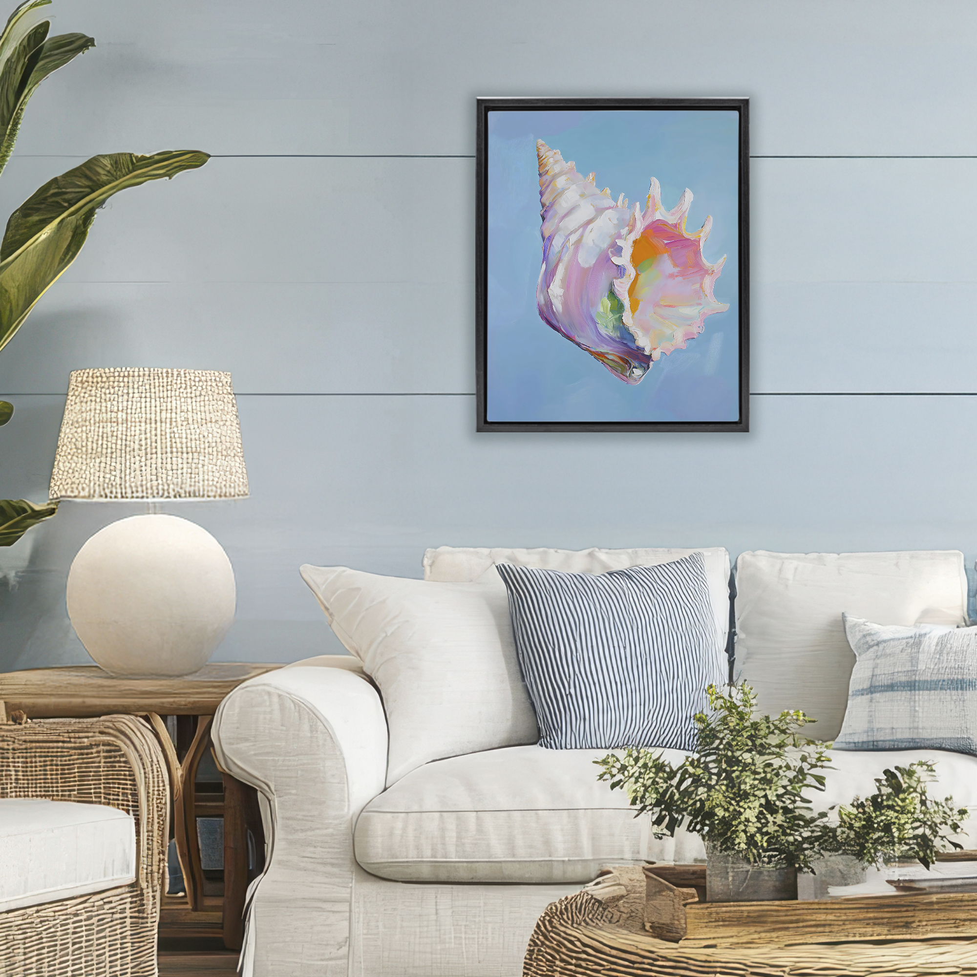 Stupell Industries Pastel Hued Conch on Blue Black Framed Floater Canvas Wall Art, design by The Prints Vibe