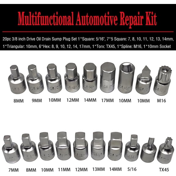 20PCS 3/8" Drive Oil Drain Sump Plug Set, Automotive Repair Tool Kit