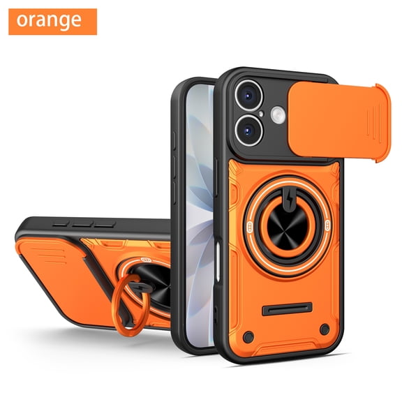 ELEHOLD Rugged Case for iPhone 17, Military Grade Shockproof Cover with 360° Ring Kickstand, Sliding Lens Protector, Orange
