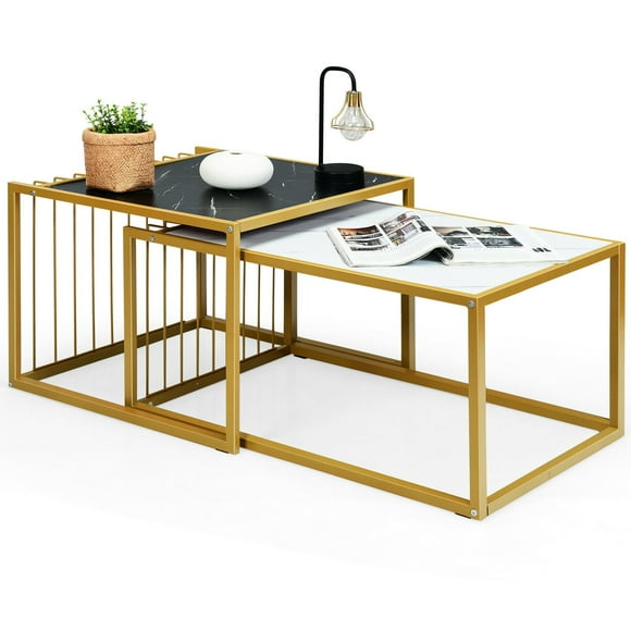 Gymax Modern Nesting Coffee Table Marble-Top Side Snack Table Set w/ Gold Metal Frame
