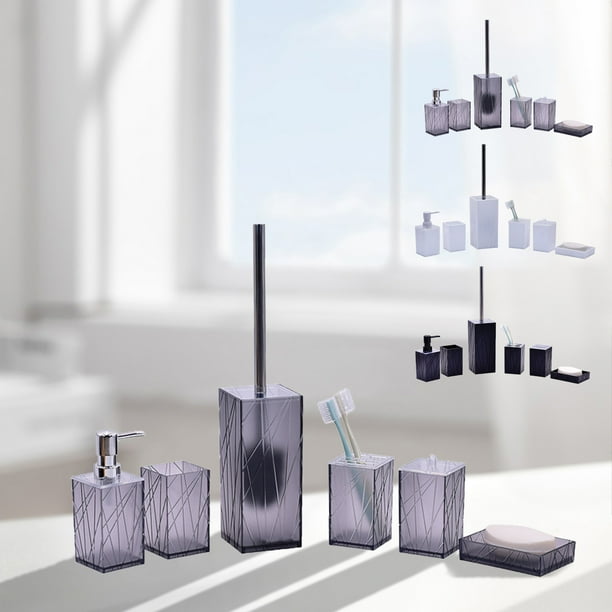 Set de accesorios para baño de 6 piezas en plástico blanco y gris | Dispensador de jabón con bomba, porta cepillos de dientes, vaso, estuche para tampones, cepillo para inodoro | Estilo moderno y