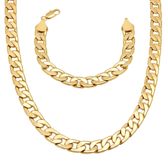 11.5mm Polished 14k Gold Plated Cuban Chain Necklace Bracelet Set, 24" (Necklace) 7" (Bracelet)