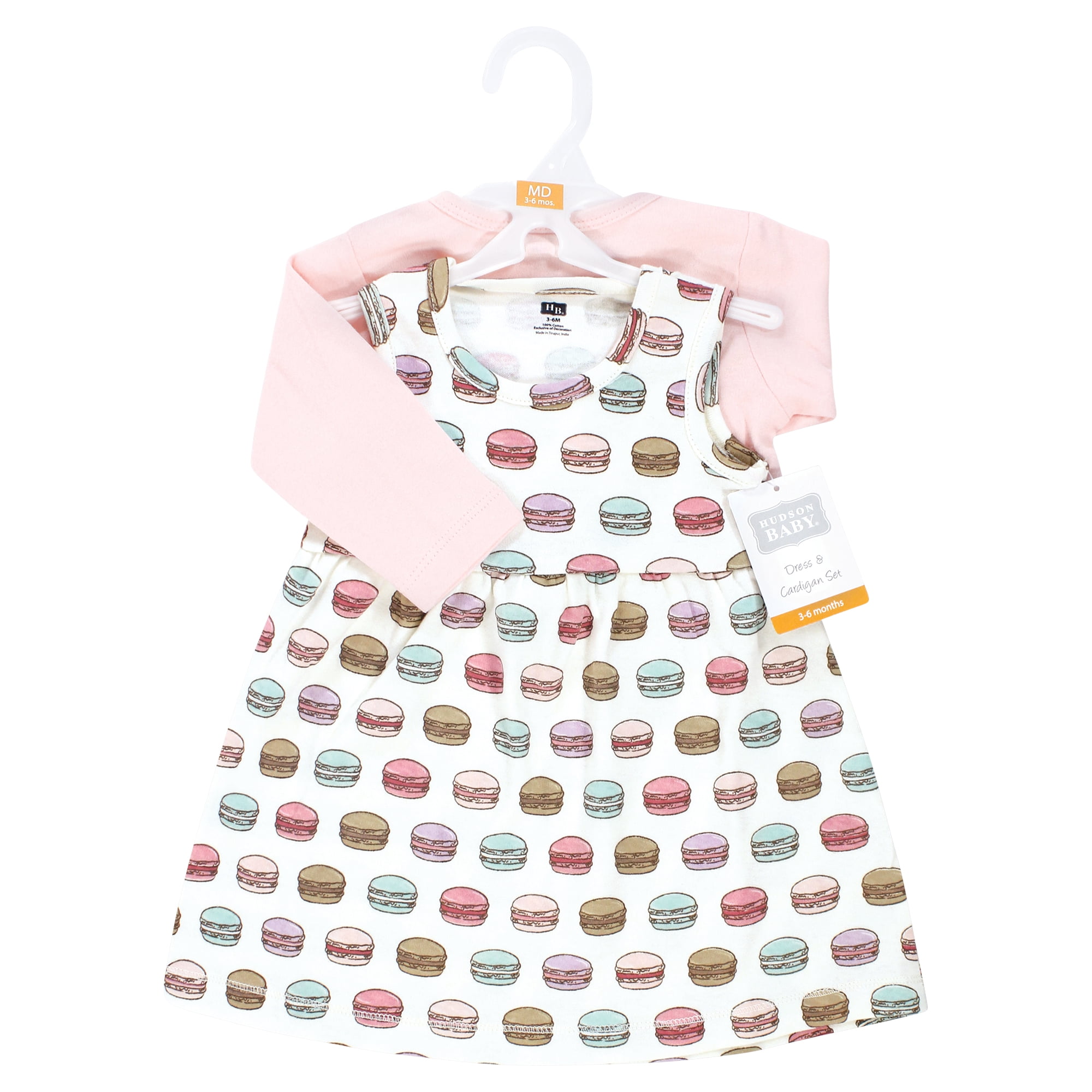 Hudson Baby Infant and Toddler Girls Cotton Dress and Cardigan Set, Macarons, 0-3 Months