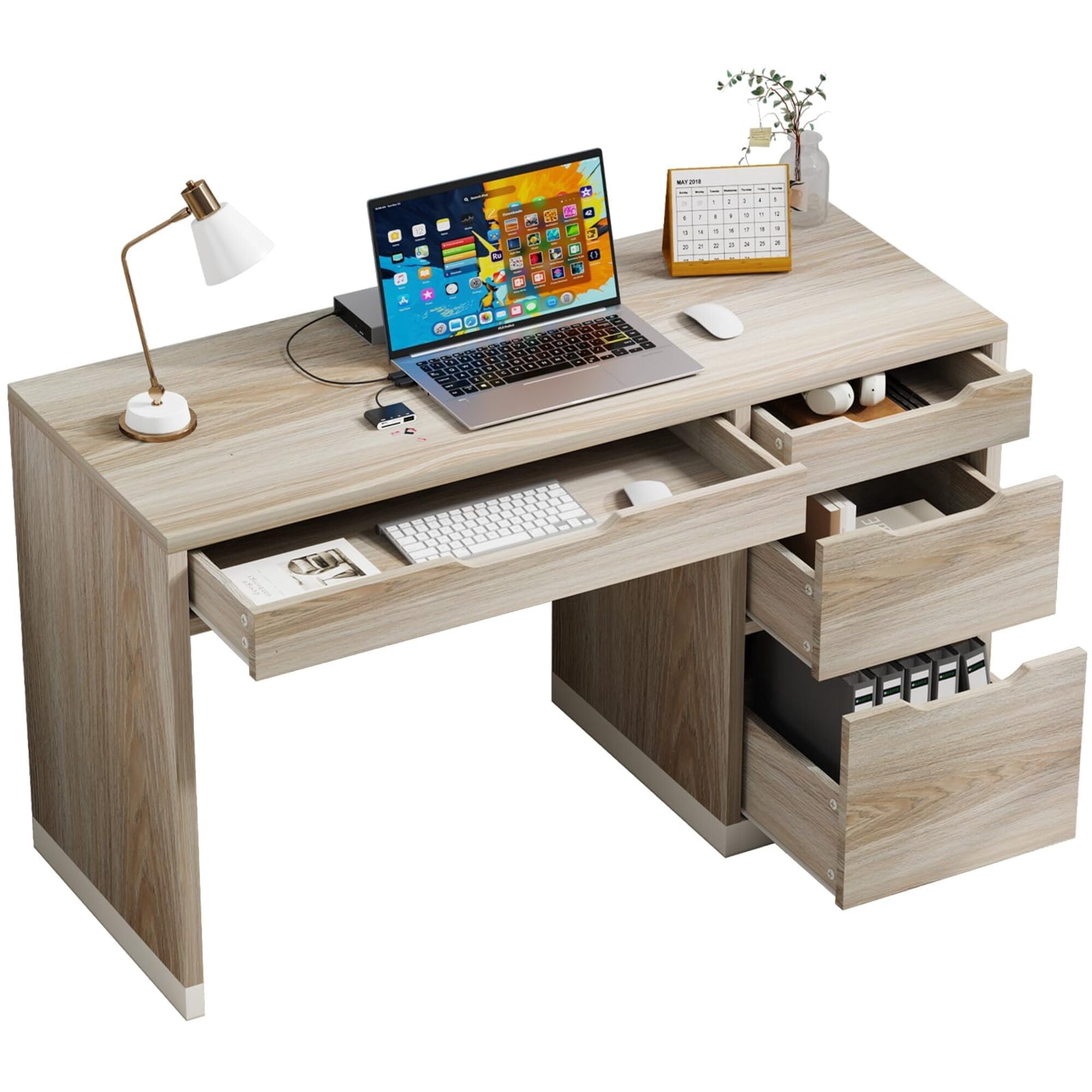 52-Inch 4-Drawer Natural Wood Computer Desk, Small Space Home Office Desk with Categorized Storage Drawers