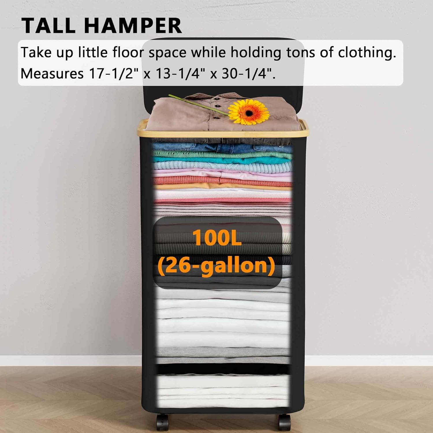 SpaceAid 110L Laundry Hamper with Wheels and Lid, Large Tall Clothes Basket Bin, Black