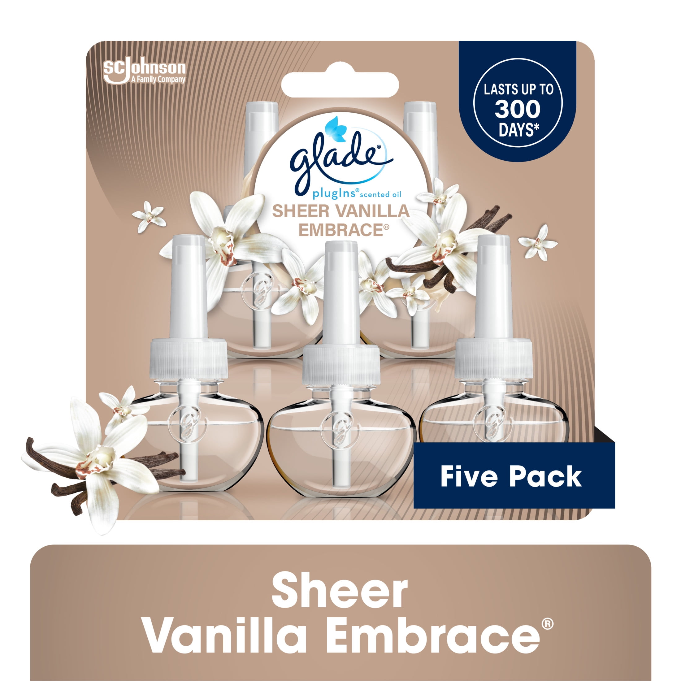 (5 pack) Glade PlugIns Scented Oil 5 Refills, Air Freshener, Sheer Vanilla Embrace, Essential Oil Infused Wall Plug In, 3.35 FL oz, pack of 5