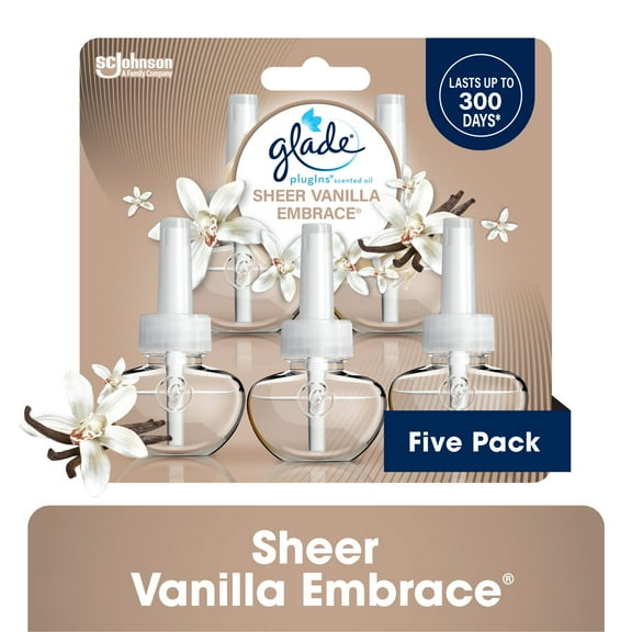 Glade PlugIns Scented Oil 5 Refills, Air Freshener, Sheer Vanilla Embrace, Essential Oil Infused Wall Plug In, 3.35 FL oz, Pack of 5