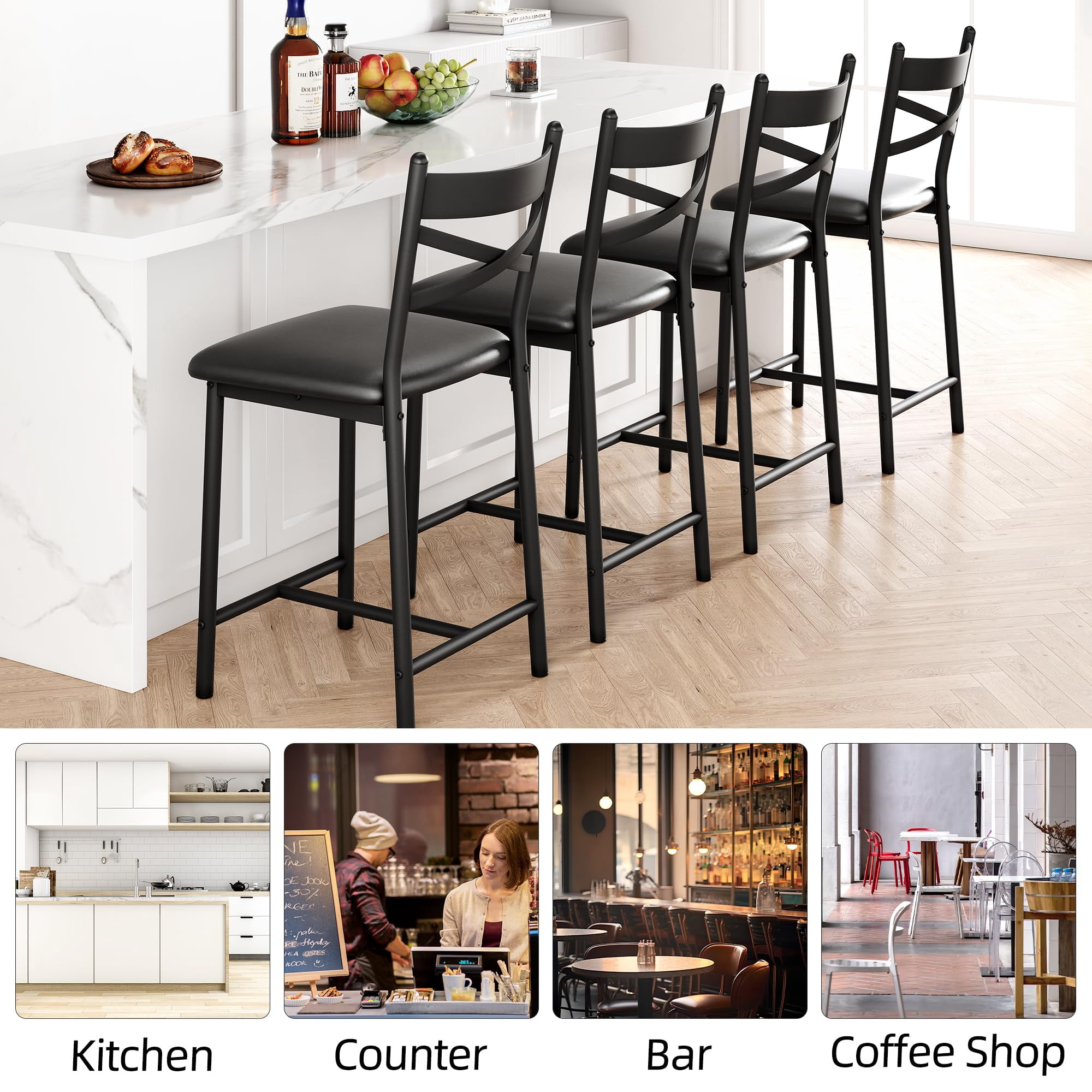 WildBreak 22 inch High Back Bar Stools Set of 4,Upholstered Bar Chairs with Back for Kitchen, Black