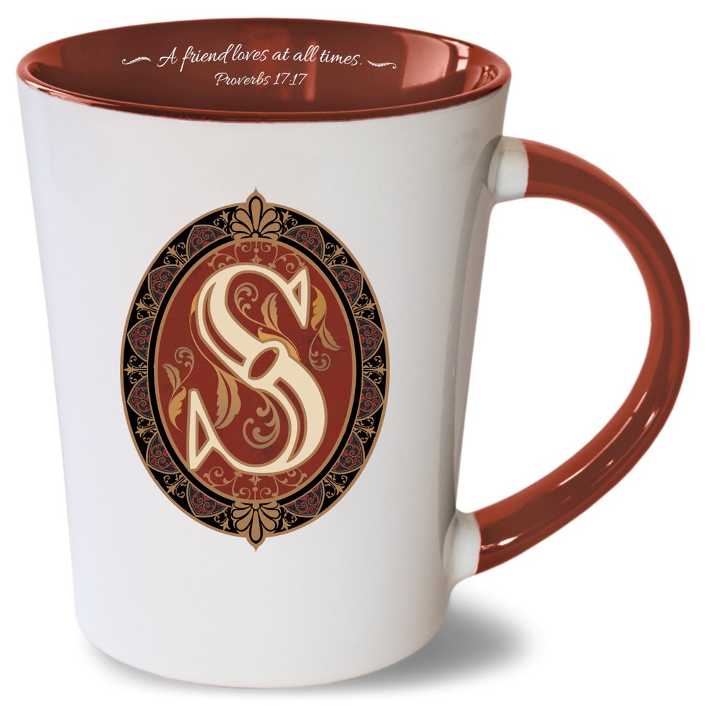 Monogrammed S Red Damask 12 ounce Stoneware Coffee Mug