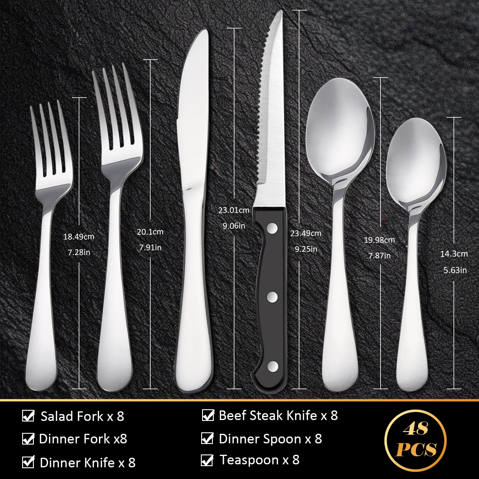Koomade 48-Piece Stainless Steel Flatware Set for 8 with Steak Knives, Mirror Polished, Dishwasher Safe, Ideal for Home, Kitchen, Restaurant, and Hotel Use