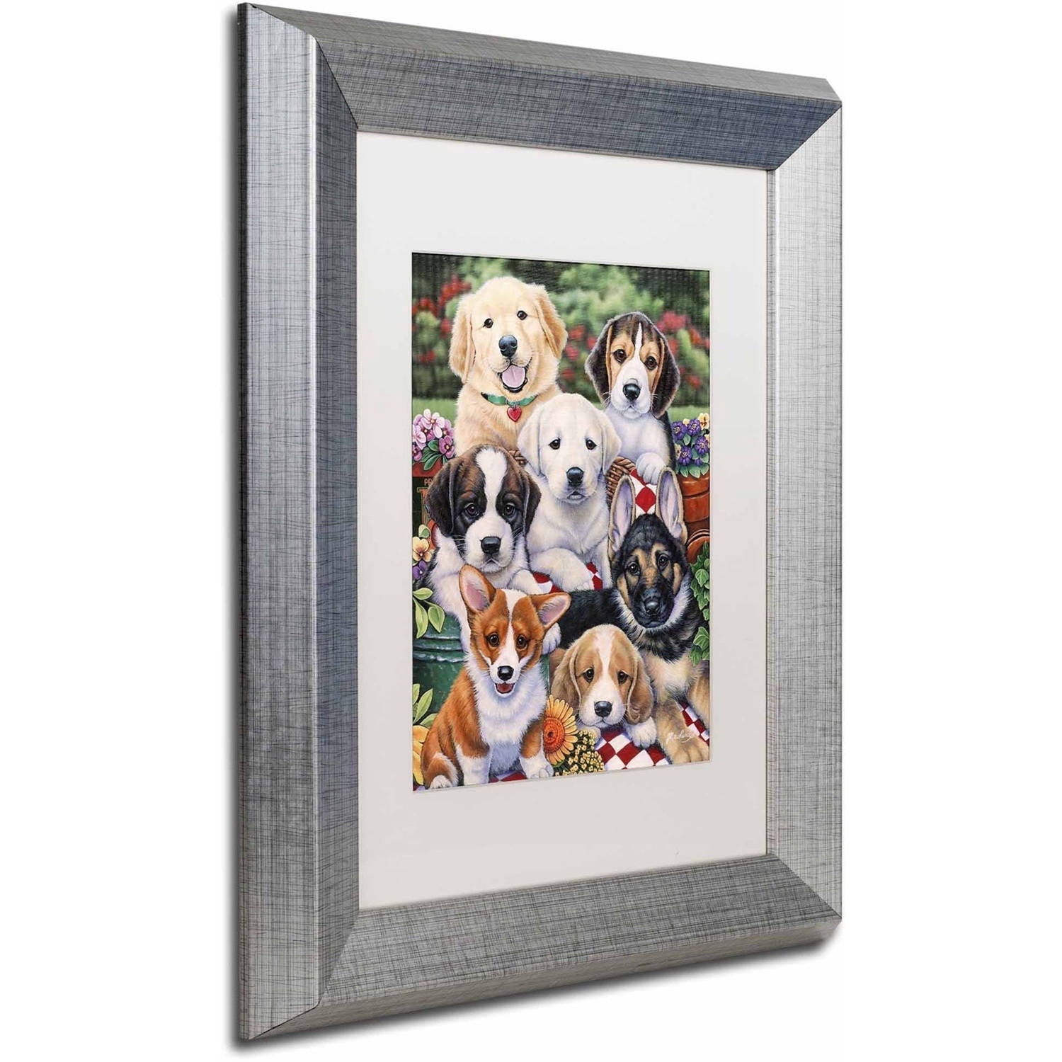 Trademark Fine Art 'Garden Puppies' Canvas Art by Jenny Newland, White Matte, Silver Frame