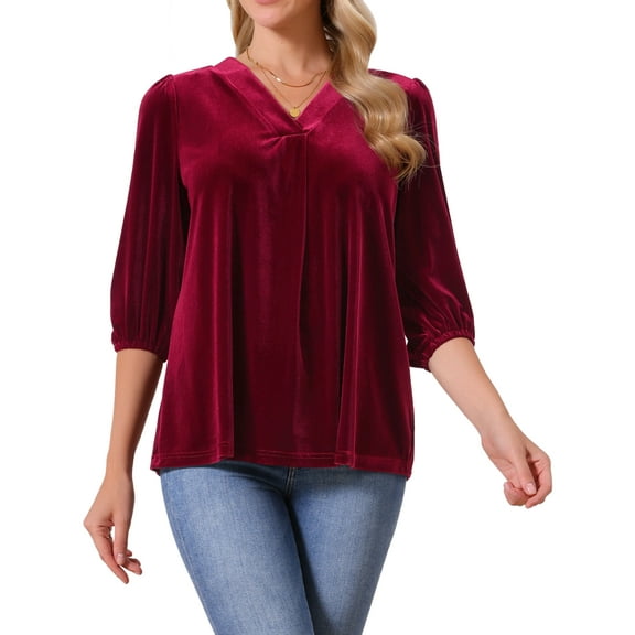 DARING DIVA Women's Velvet V Neck 3/4 Puff Sleeve Casual Blouse S Wine Red