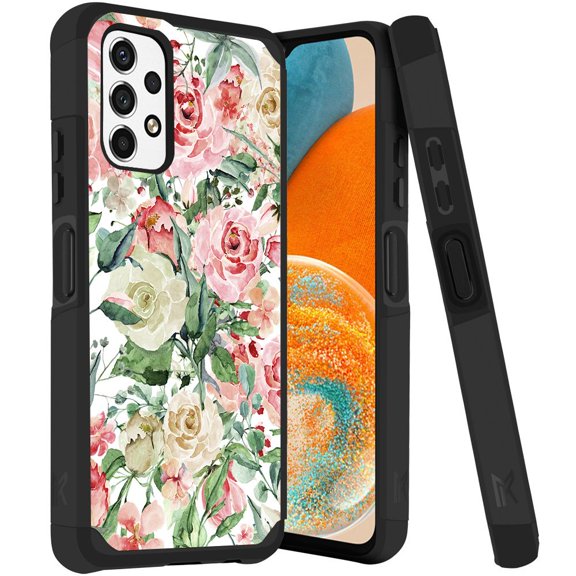 ANJ  Rugged Dual Layered Shockproof Slim Hybrid Case   Tempered Glass Cover Compatible with Samsung Galaxy A23 5G - Watercolor Rose Bouquet