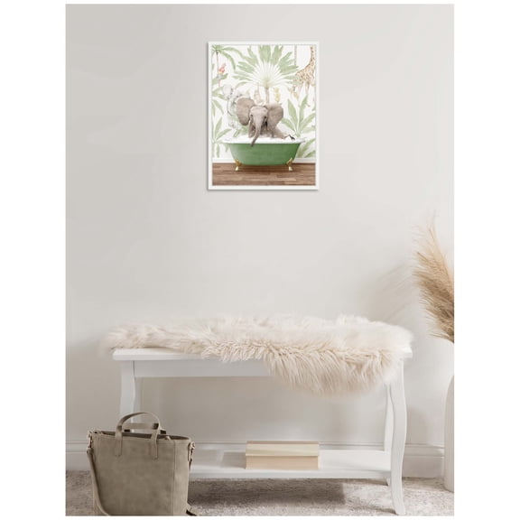 Kate and Laurel Baby Elephant 3 in Wild Safari Bathtub Framed Canvas Wall Art by Amy Peterson 18 x 24 Sylvie White, Whimsical, Animals, Bathroom, Tropical Art for Wall Decor, Living Room, Bedroom